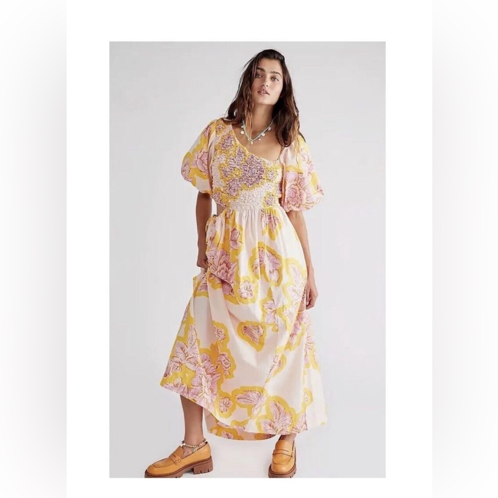 NEW Free People Kalina Printed Maxi Dress Puff Balloon Sleeves Resort